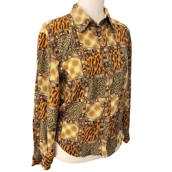 VTG Allison Taylor Gray Brown Silk Belt Buckle Animal Print Shirt Blouse Medium - Picture 2 of 8